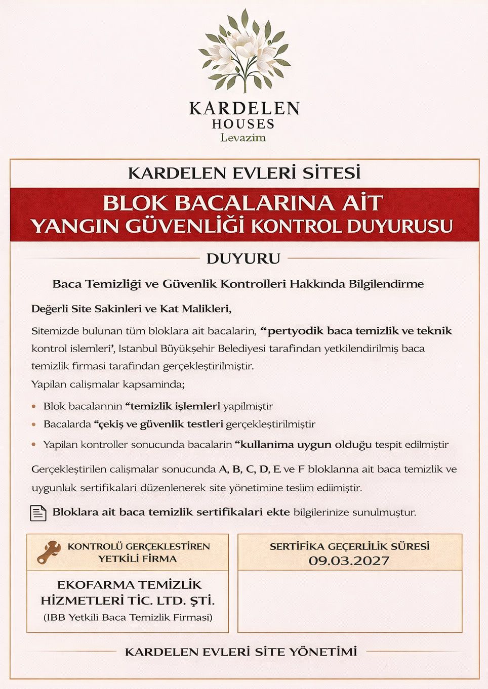 A,B,C,D,E,F Bloklar�n 2026-2027 Baca �BB Sertifika Kontrol Raporlar�